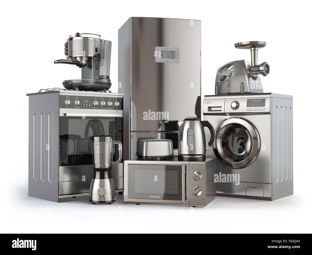 Haushaltsgeräte. Gasherd, Kühlschrank, Mikrowelle und Waschmaschine, Mixer Toaster Kaffee Maschine, Fleisch Ginder und Wasserkocher. 3D illustration Stockfoto