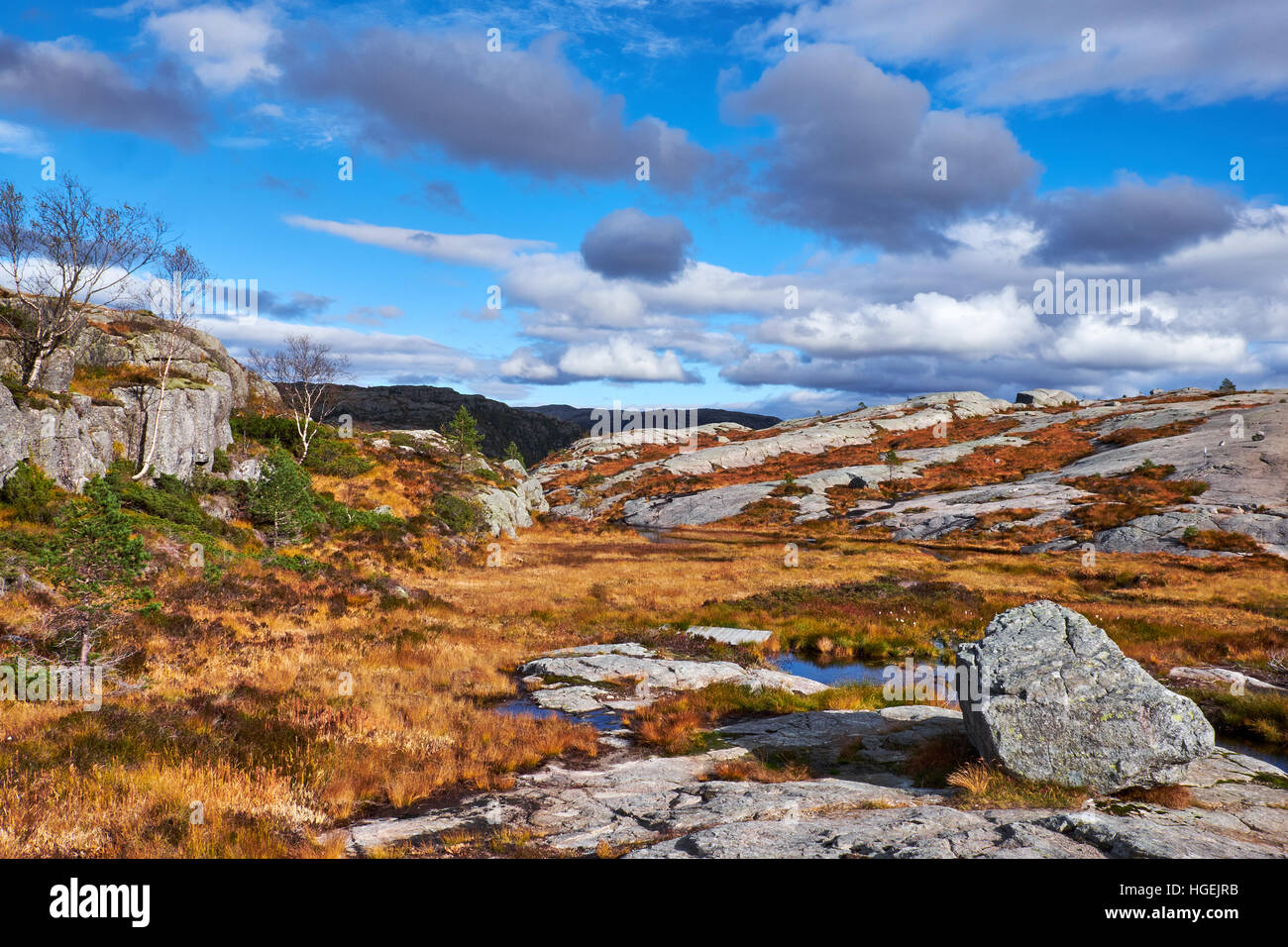 Marschland Gelände zwischen den fielen Seiten auf einem Berg nahe dem Preikestolen in Norwegen schlicht Stockfoto