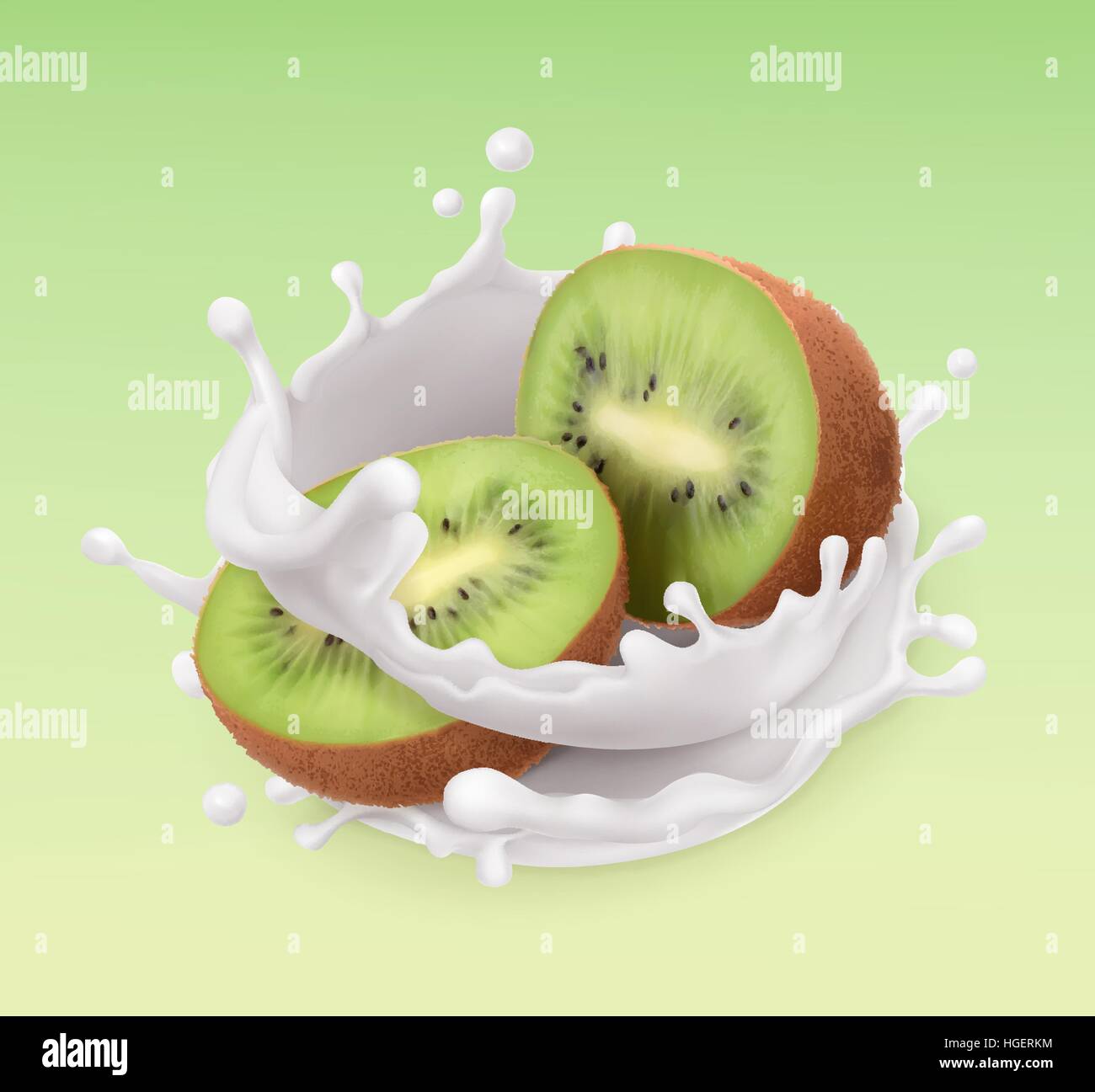 Kiwi Frucht und Milch Spritzen. Obst und Joghurt. Realistische Darstellung. 3D Vektor icon Stock Vektor