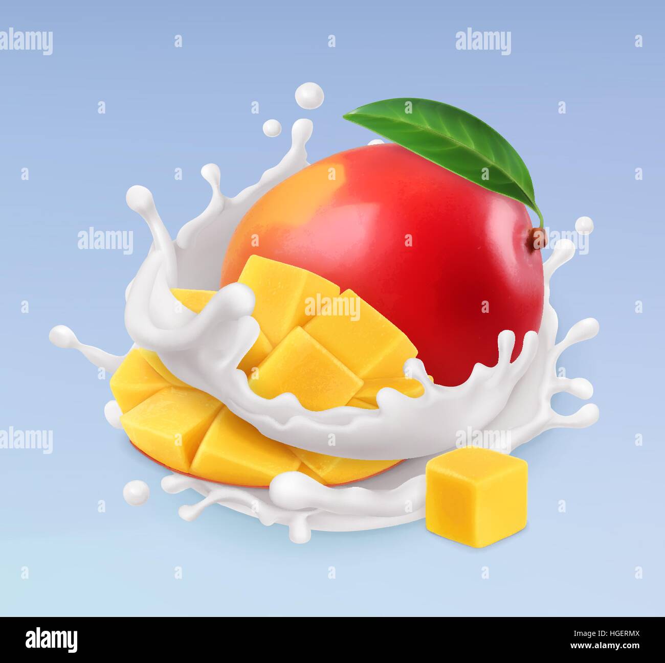 Mango und Milch Spritzen. Obst und Joghurt. Realistische Darstellung. 3D Vektor icon Stock Vektor