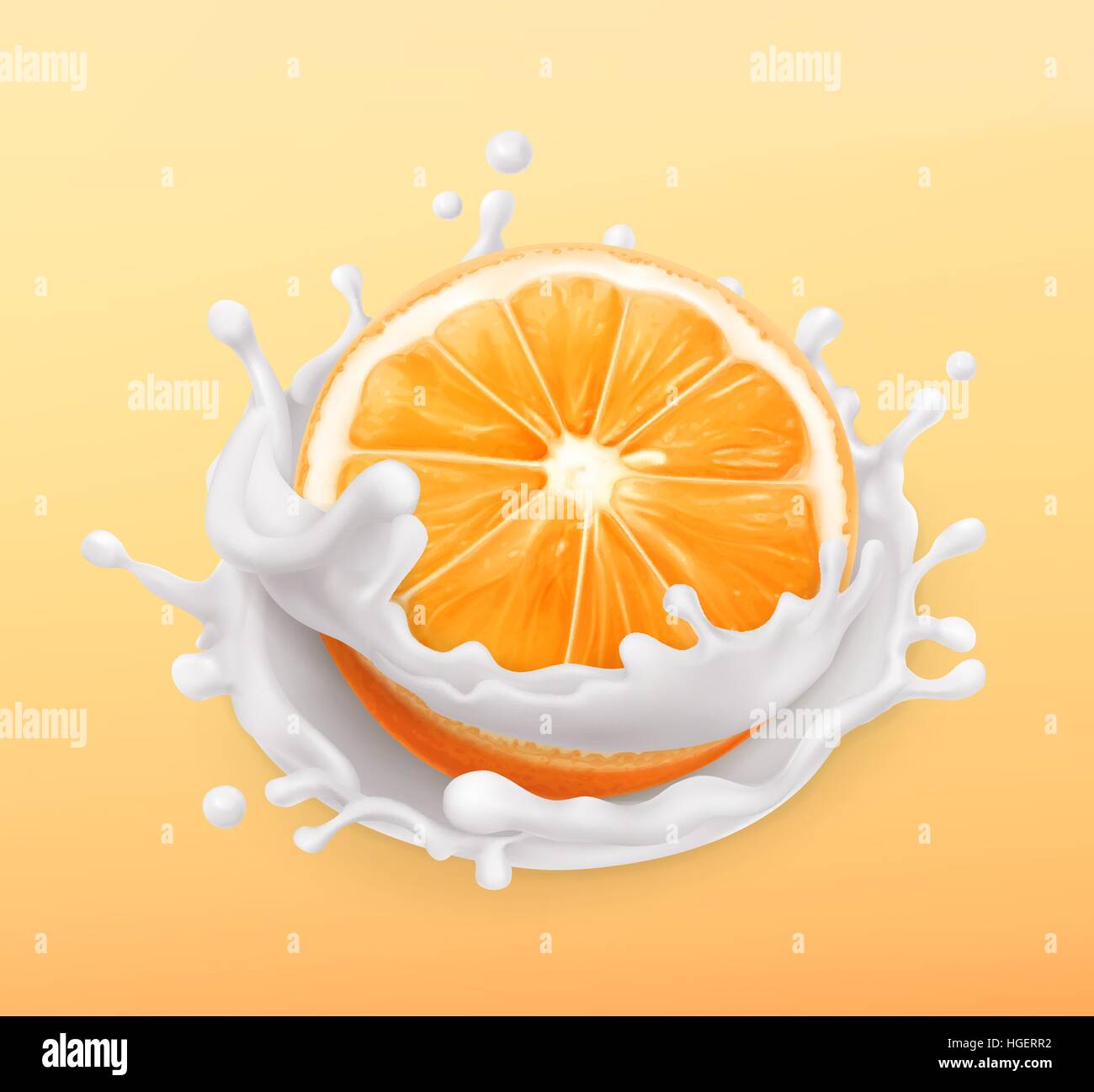 Orange Frucht und Milch Spritzen. Obst und Joghurt. Realistische Darstellung. 3D Vektor icon Stock Vektor