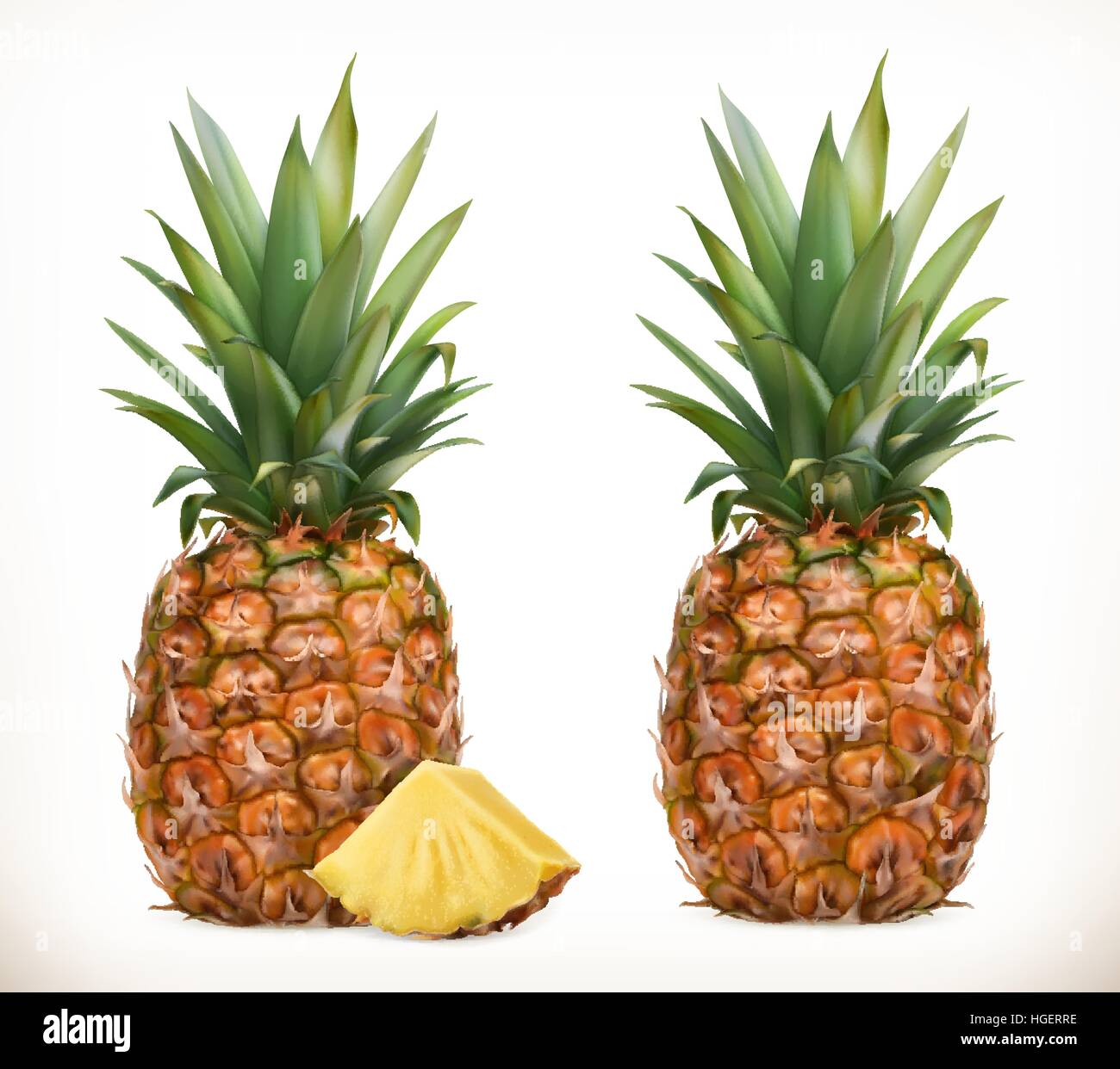 Ananas. Ganze und Teile. Süße Früchte. 3D Vektor-Icons Set. Realistische Darstellung Stock Vektor