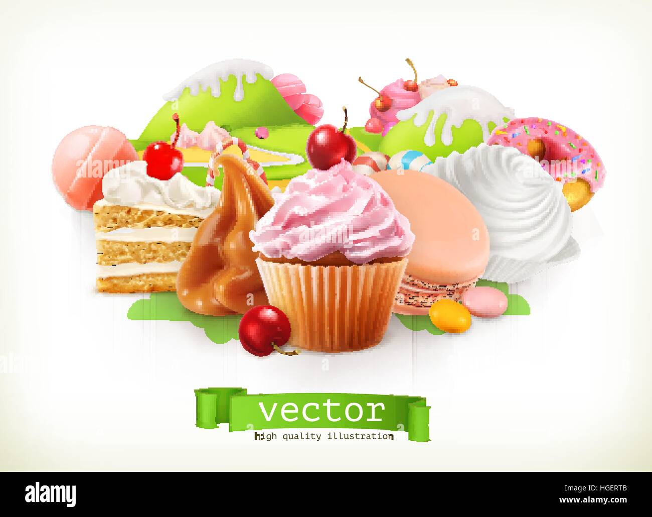 Süßwarenladen. Süßwaren und Desserts, Kuchen, Kuchen, Süßigkeiten, Karamell. 3D Vektor-illustration Stock Vektor