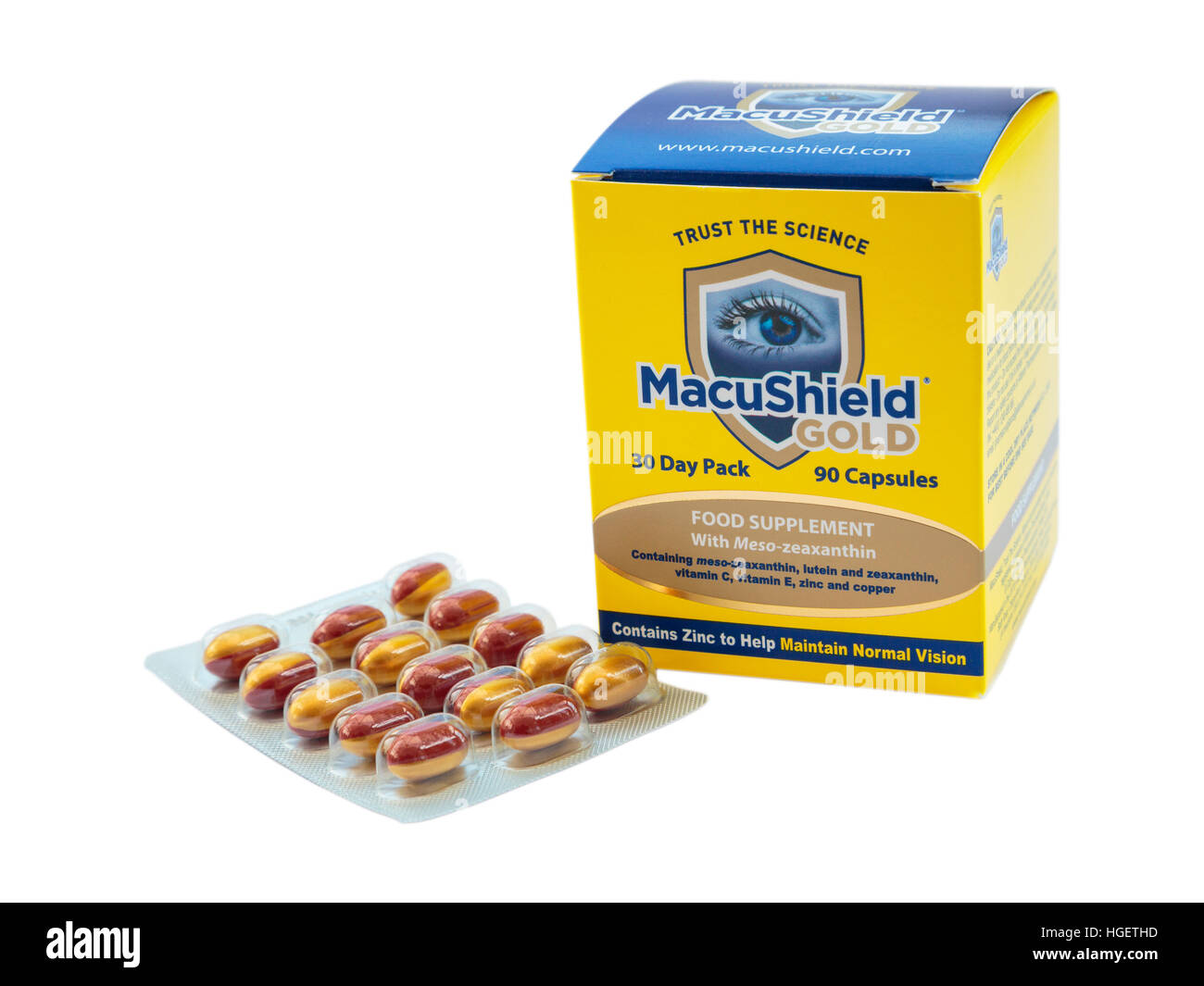 Paket von MacuShield Lebensmitteln ergänzen Tabletten für die Gesundheit der Netzhaut im Auge und altersbedingte Makula-Degeneration AMD zu verhindern. England-UK-Großbritannien Stockfoto