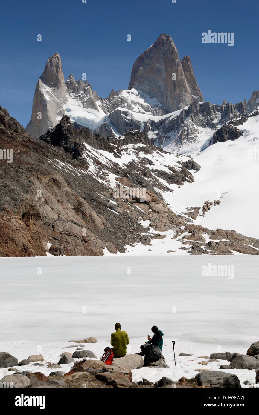 Laguna de Los Tres und Mount Fitz Roy, El Chalten, Patagonien, Argentinien, Südamerika Stockfoto