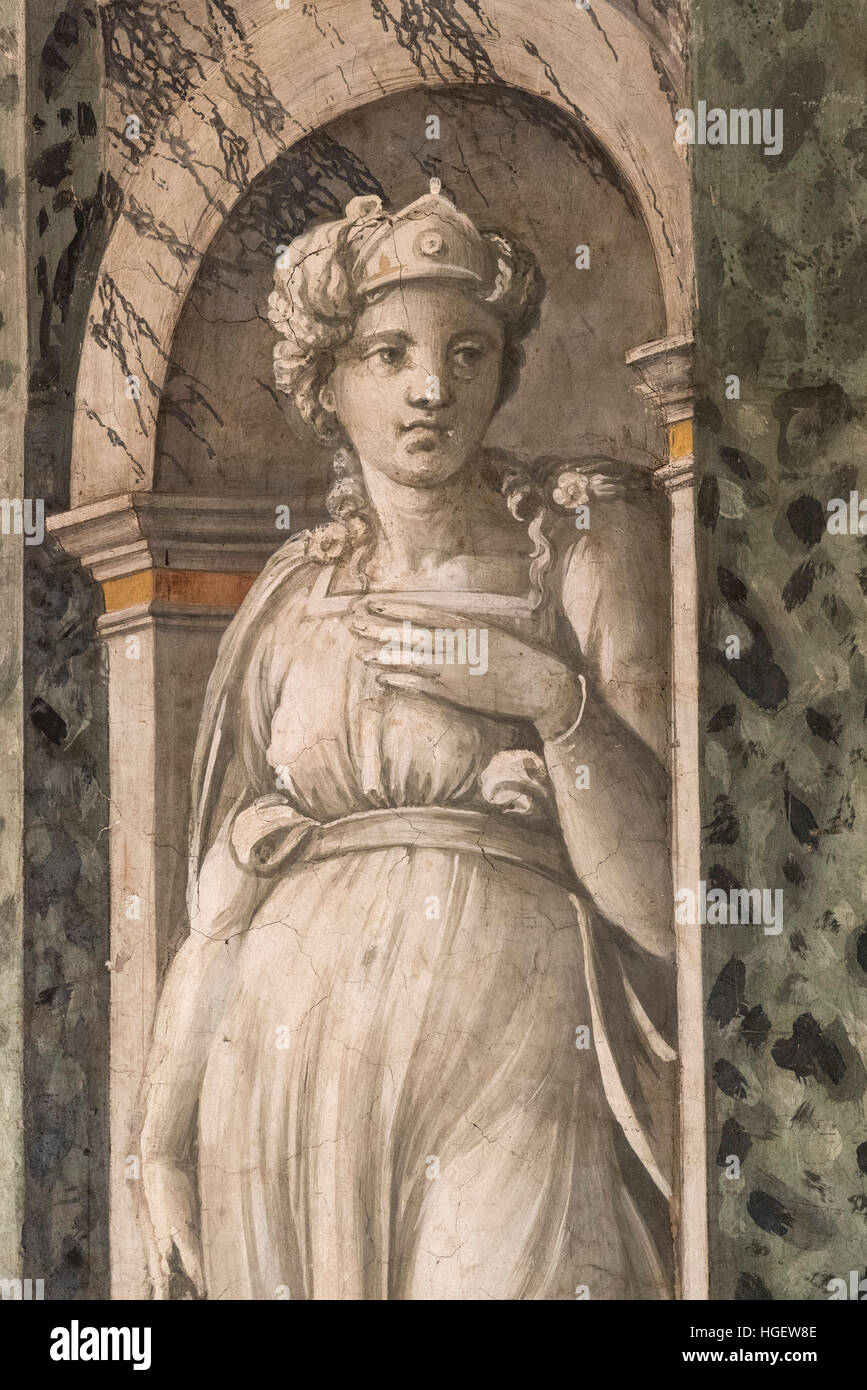 Rom. Italien. Villa Farnesina. La Sala Delle Prospettive (Halle der Perspektiven), Fresken von Baldassare Peruzzi, (Detail der Statue), 1519. Stockfoto