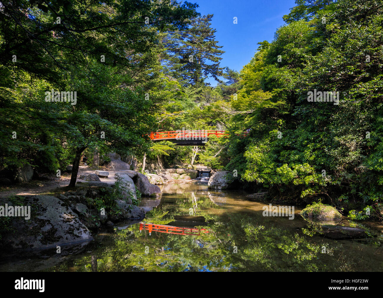 Japanische Brücke in einem Wald mit Fluss Stockfoto