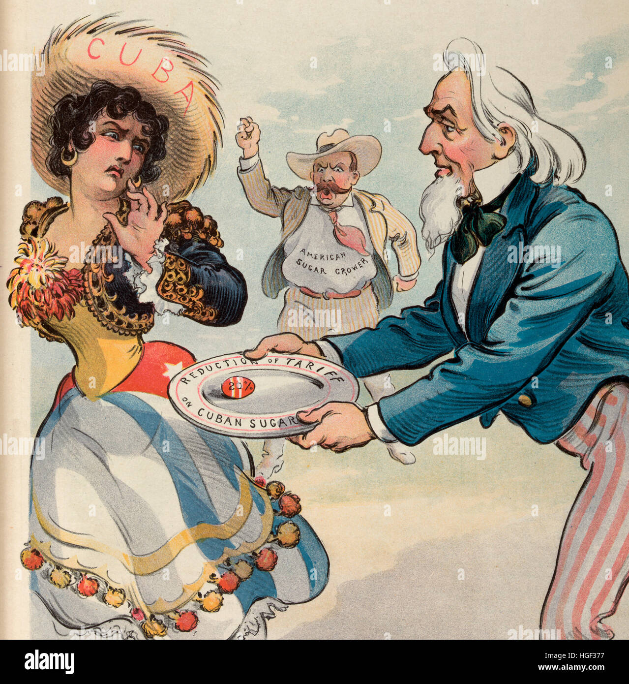 Die vorgeschlagenen Konzession nach Kuba - politische Karikatur zeigt eine junge Frau mit der Bezeichnung "Kuba" Abkehr von Uncle Sam, der ihr eine Platte anbietet beschriftet "Reduzierung der Tariff für kubanischen Zucker" mit einem Ei mit der Bezeichnung 20 % drauf; im Hintergrund ist ein Mann mit der Bezeichnung "American Sugar Züchter" wütend, weil er spürt, dass das Ei ist größer als es sein sollte.  1902 Stockfoto
