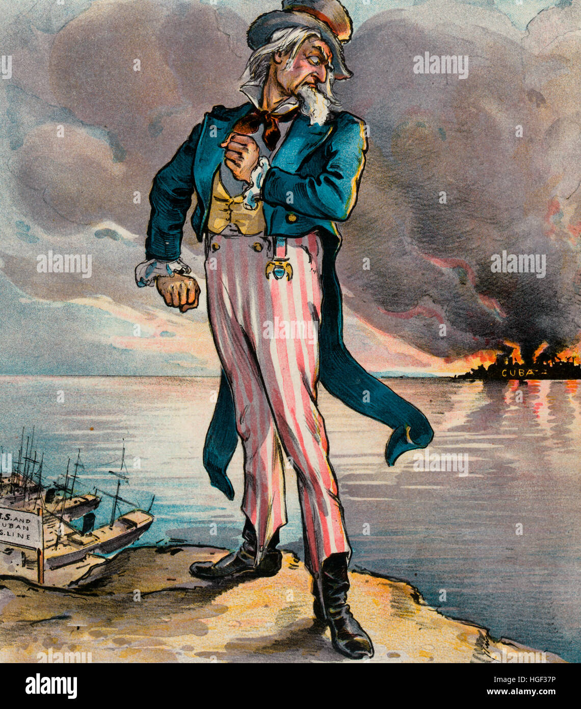 Fast bis Zeit - politische Karikatur zeigt Uncle Sam steht auf amerikanischem Boden neben den Docks der U.S.A. und kubanischen S.S. Line, Blick über seine Schulter auf Kuba in Flammen. 1897 Stockfoto