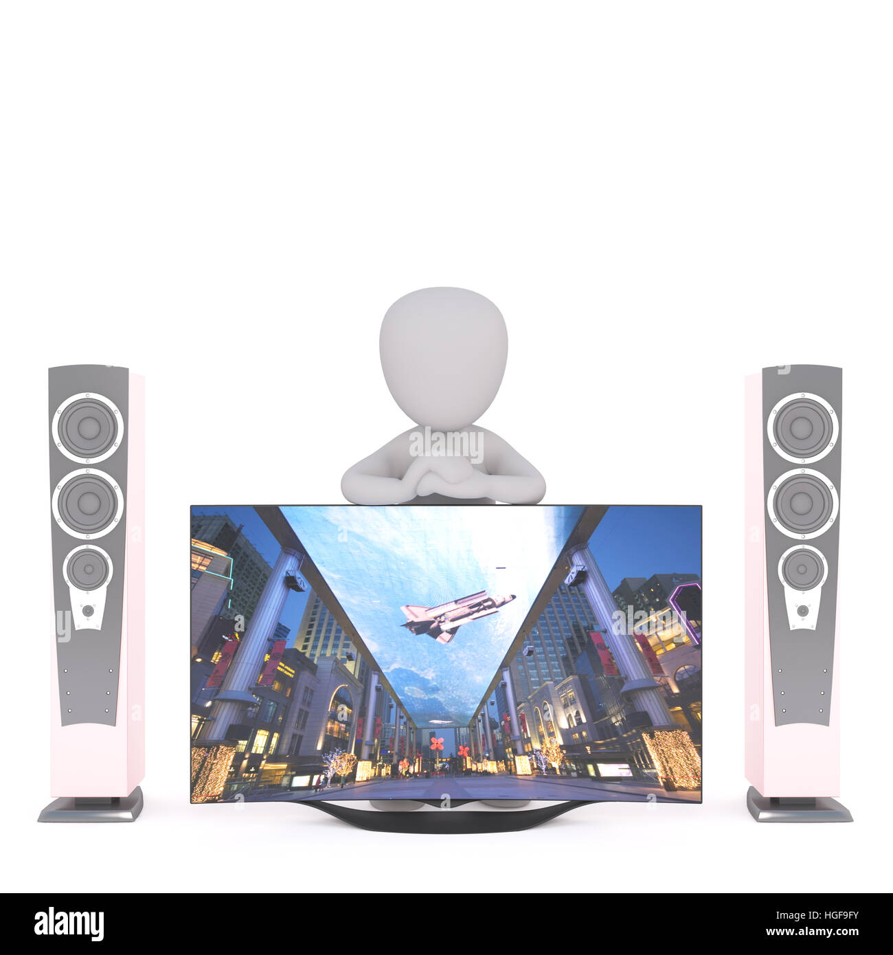3D rendering der Cartoon Figur stehend hinter großen TV-Bildschirm mit Lautsprechern vor weißem Hintergrund - Figur mit Home Entertainment System Stockfoto