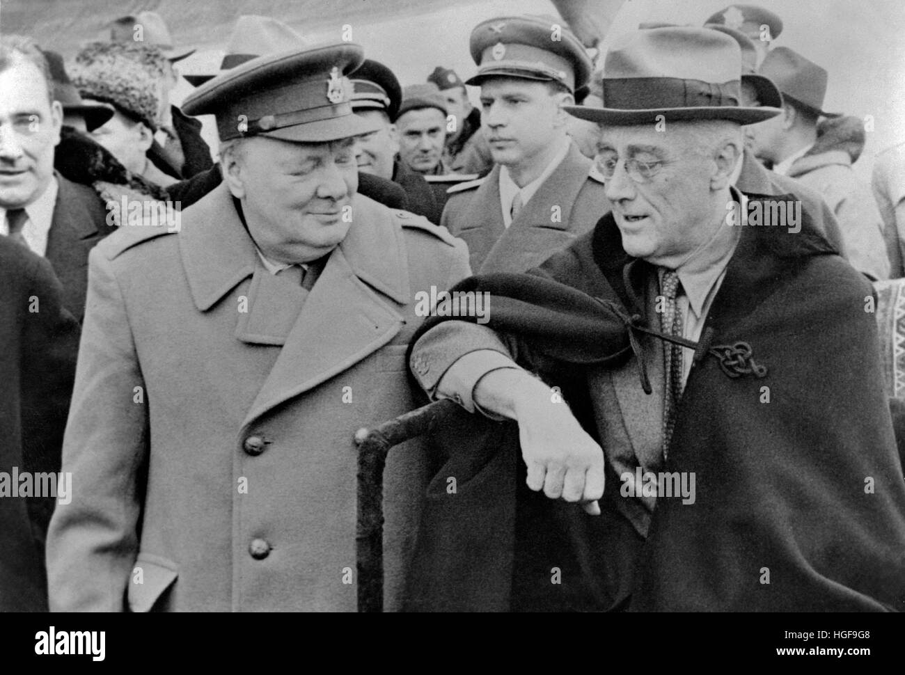Winston Churchill und Franklin D. Roosevelt bei der Ankunft in Jalta Konferenz .Februar 1945 Stockfoto