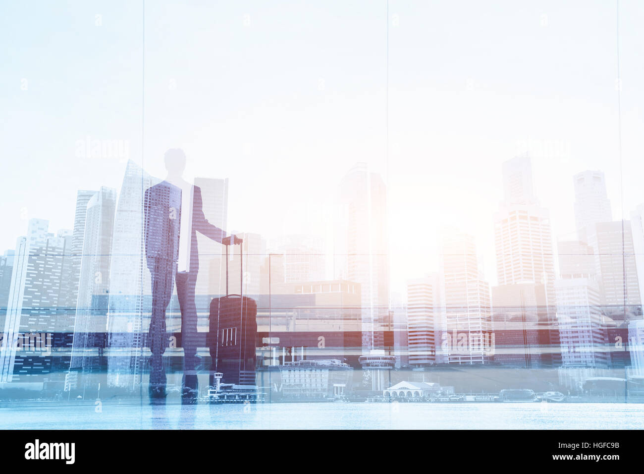 Geschäftsreisen, doppelte Belichtung Hintergrund, Geschäftsmann im Flughafen Stockfoto