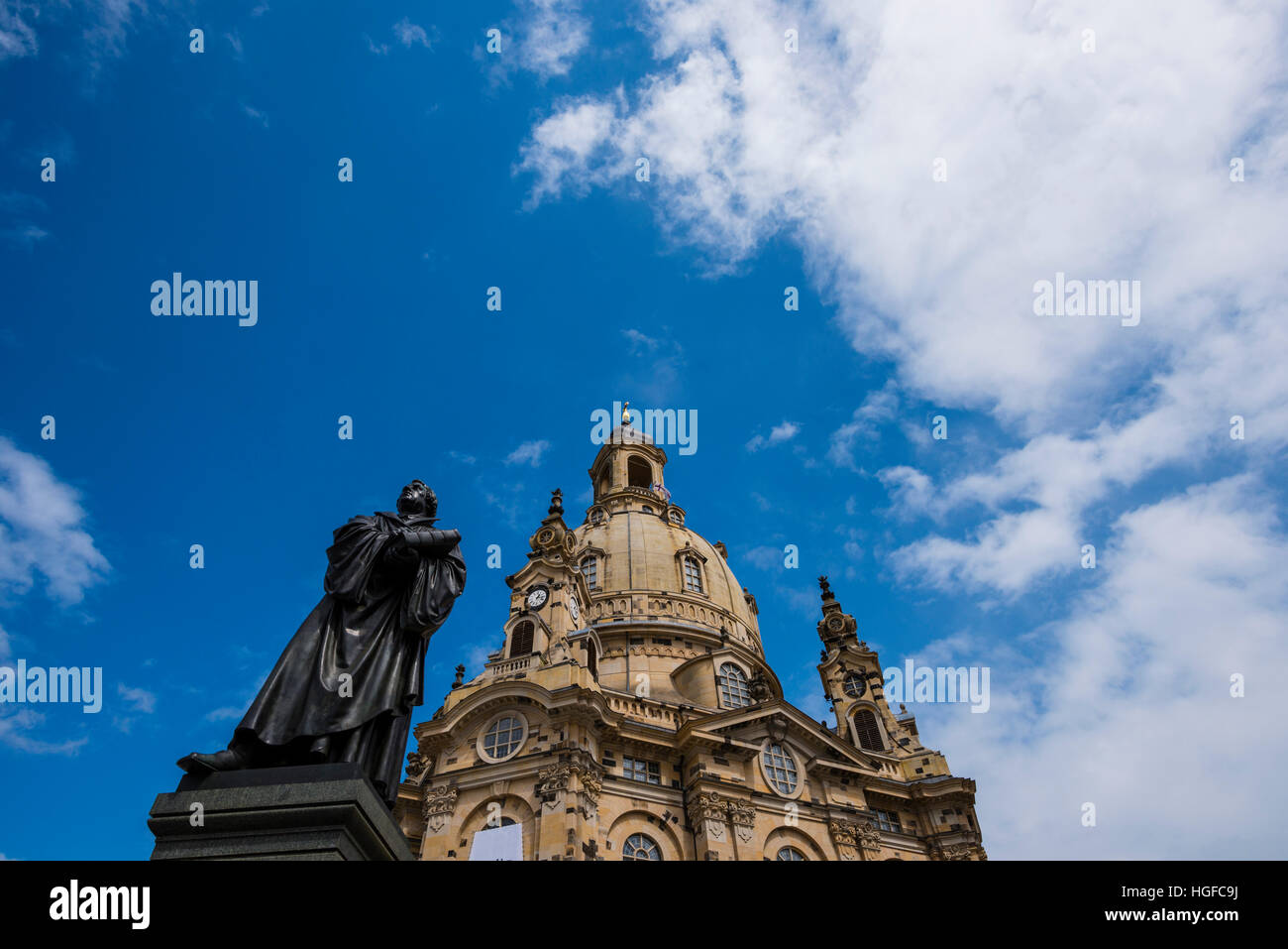 Martin Luther Statue und Dresdner Frauenkirche Stockfoto