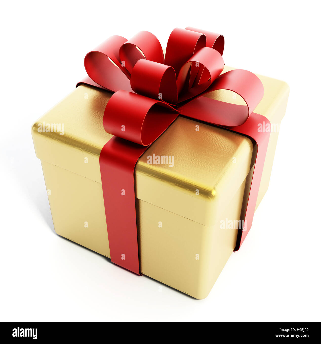 Gold Geschenkbox mit rotem Band. 3D Illustration. Stockfoto