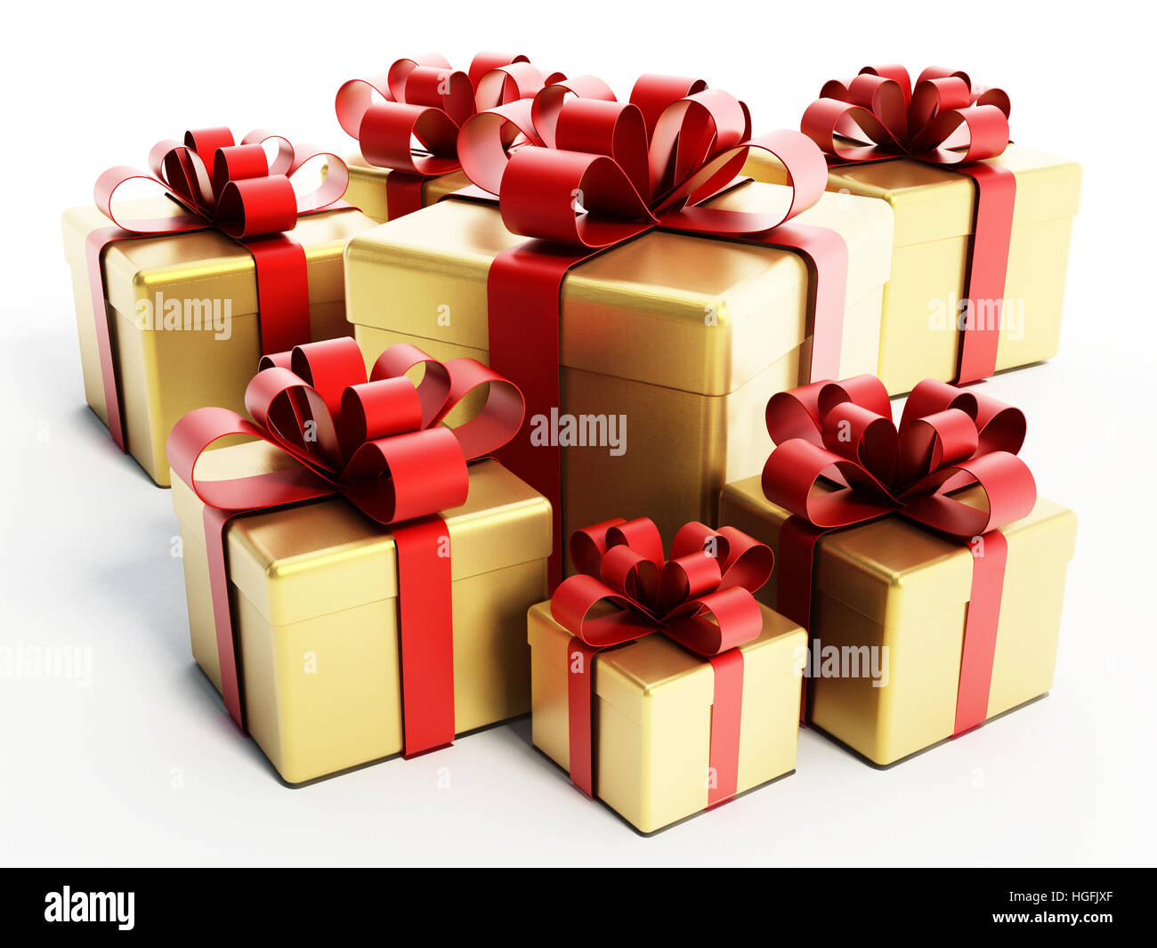 Gold Giftboxes mit rotem Band. 3D Illustration. Stockfoto