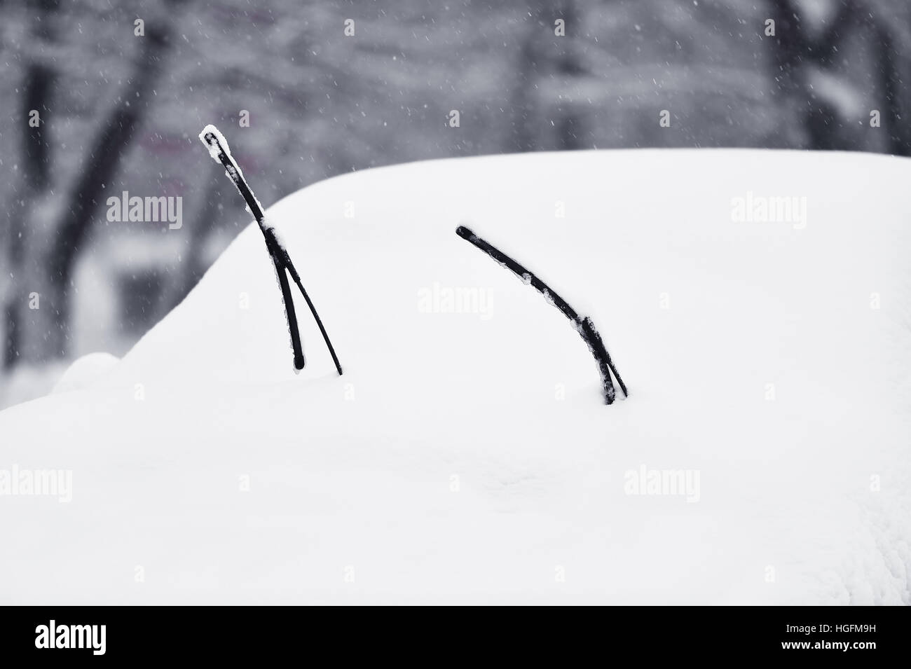 Scheibenwischer eines schneebedeckten Autos nach starkem Schneefall Stockfoto