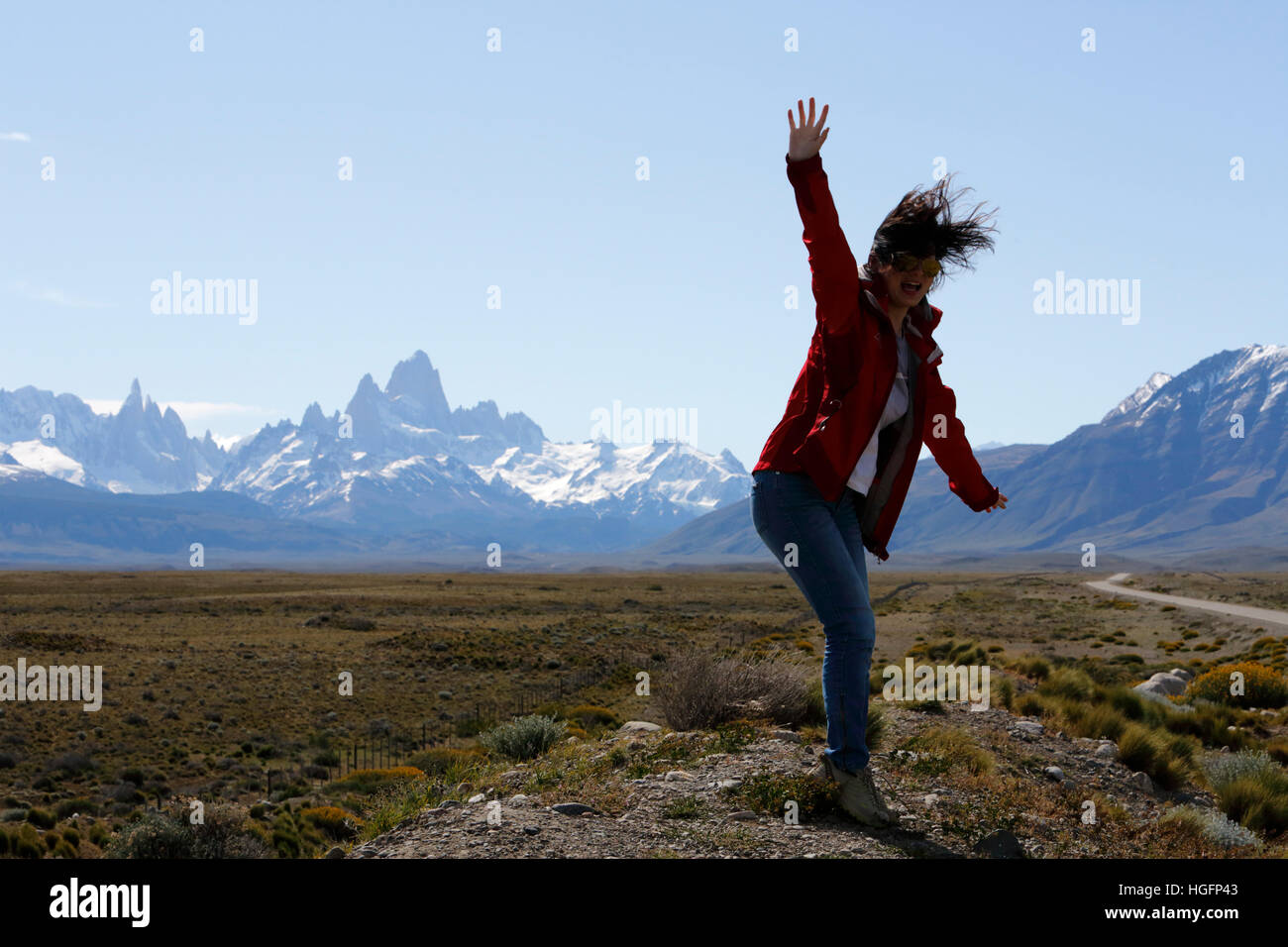 am Aussichtspunkt über Mount Fitz Roy und Cerro Torre, El Chalten, Patagonien, Argentinien, Südamerika Stockfoto