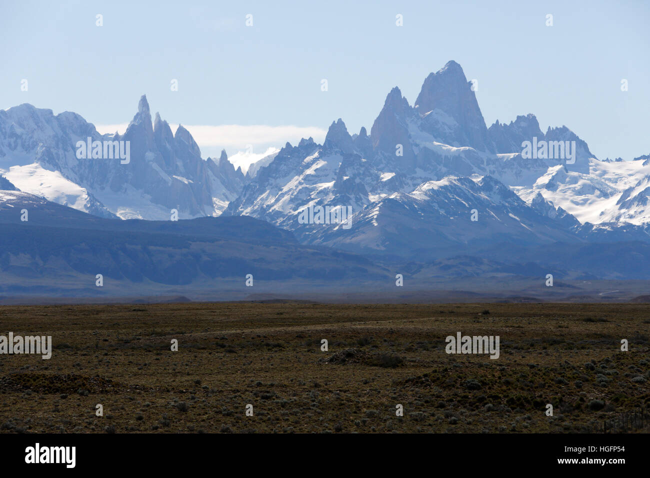 Aussichtspunkt über Mount Fitz Roy und Cerro Torre, El Chalten, Patagonien, Argentinien, Südamerika Stockfoto