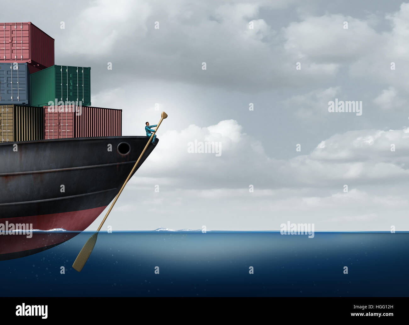 Versand Fracht Führung als ein Geschäftsmann oder Logistik-Manager Navigatying ein Frachtschiff mit einem Ruder als Import Export Management Marktführer Metapher Stockfoto