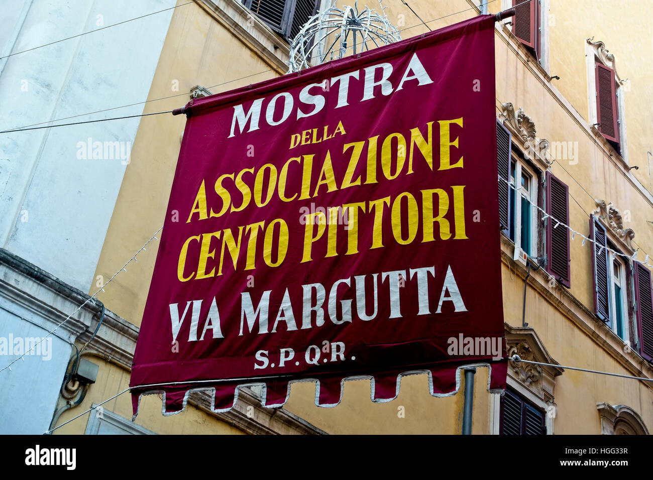 Banner für die 100 Maler Via Margutta jährliche Ausstellung von Kunst. Rom, Italien, Europa, Europäische Union, EU. Stockfoto