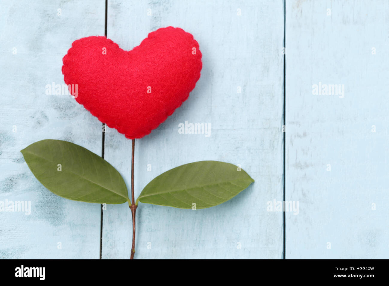 Rotes Herz auf blau Holztisch mit Äste eines Baumes zu verbinden und haben grüne Blätter gelegt, Konzept der Liebe Empathie achten Sie darauf und Valentinstag. Stockfoto