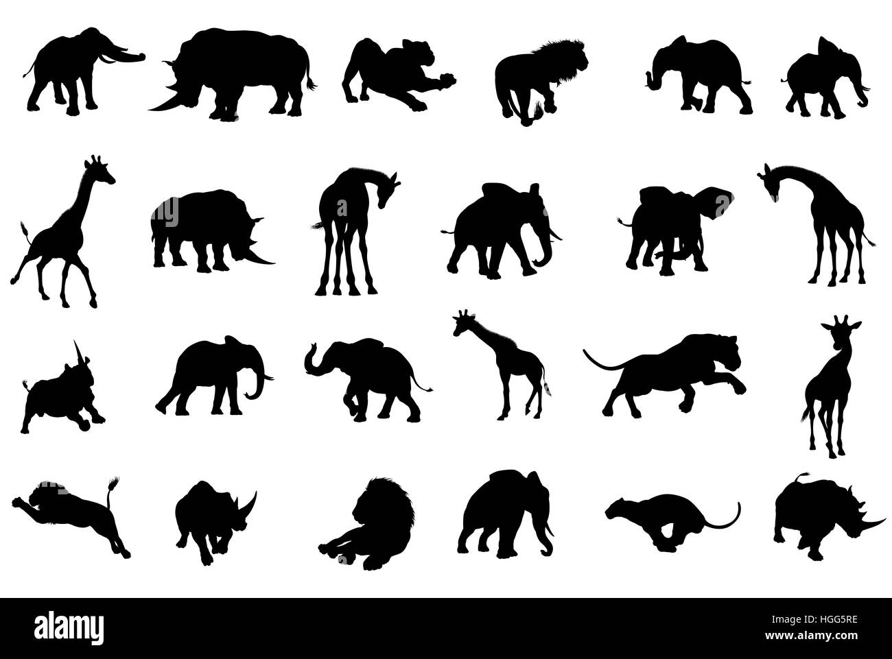 Eine Safari afrikanische Tier Silhouette einschließlich Elefanten, Giraffen, Nashörner und Löwen Stockfoto