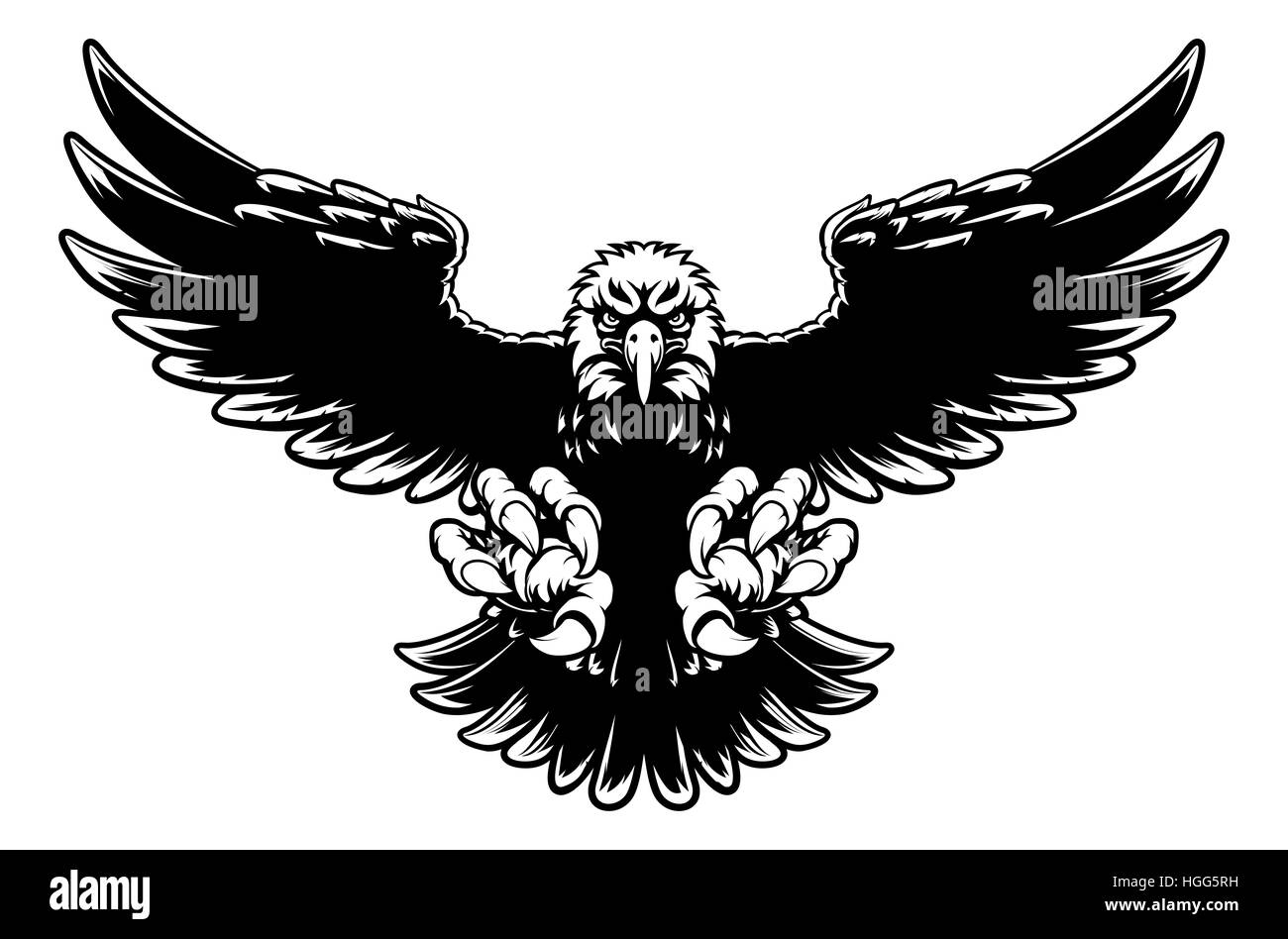 Schwarz / weiß Weißkopfseeadler Maskottchen Sturzflug mit Krallen heraus und Flügel Stockfoto