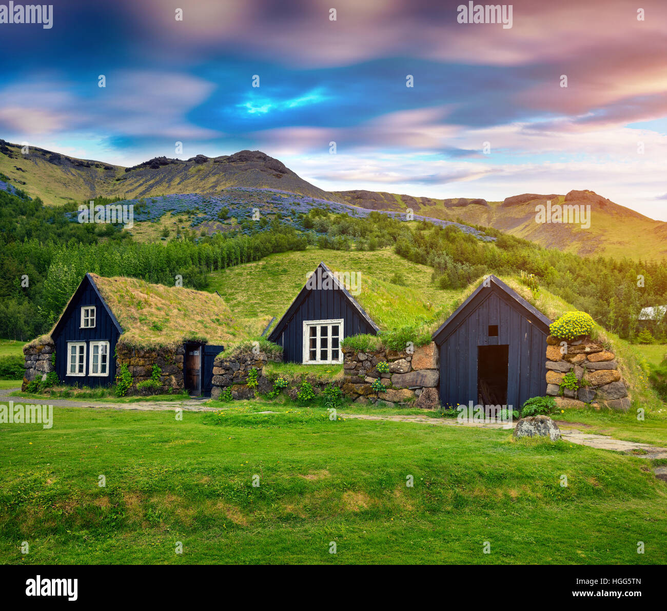 Typische Ansicht der isländischen Rasen-Top Häuser. Bunte Sommermorgen in Skogar Dorf, Südisland, Europa. Stockfoto