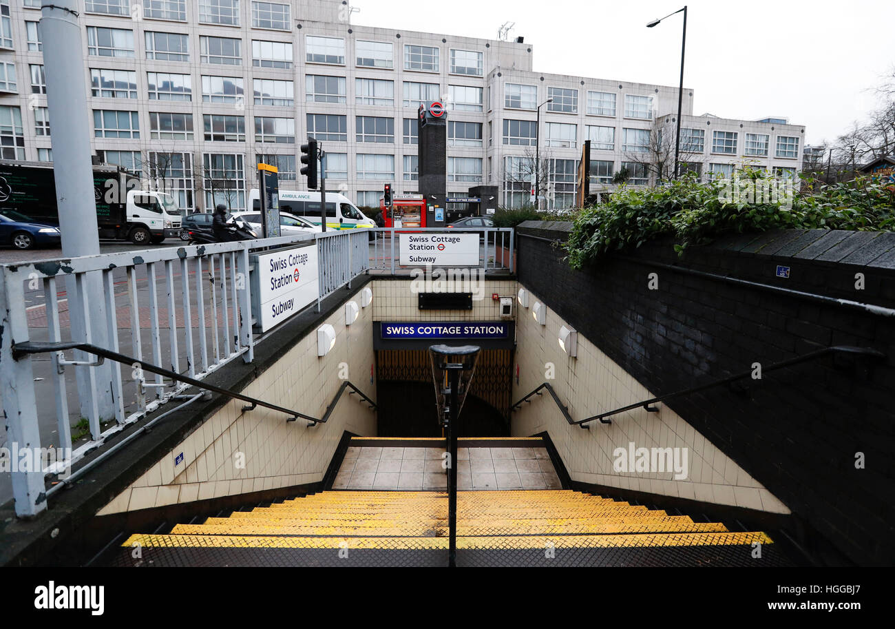 London, UK. 9. Januar 2017. Foto aufgenommen am 9. Januar 2017 zeigt eine geschlossene u-Bahnstation während eines Streiks von Mitarbeitern auf London Underground aus Protest gegen Pläne zur Station Arbeitsplätze und Bahnhof Kassen zu schließen. Gespräche Abwehr ein Streik von Mitarbeitern auf Londoner U-Bahn löste sich Samstag ohne Beschluss, Zehntausende Pendler am Montag betroffen waren. © Han Yan/Xinhua/Alamy Live-Nachrichten Stockfoto