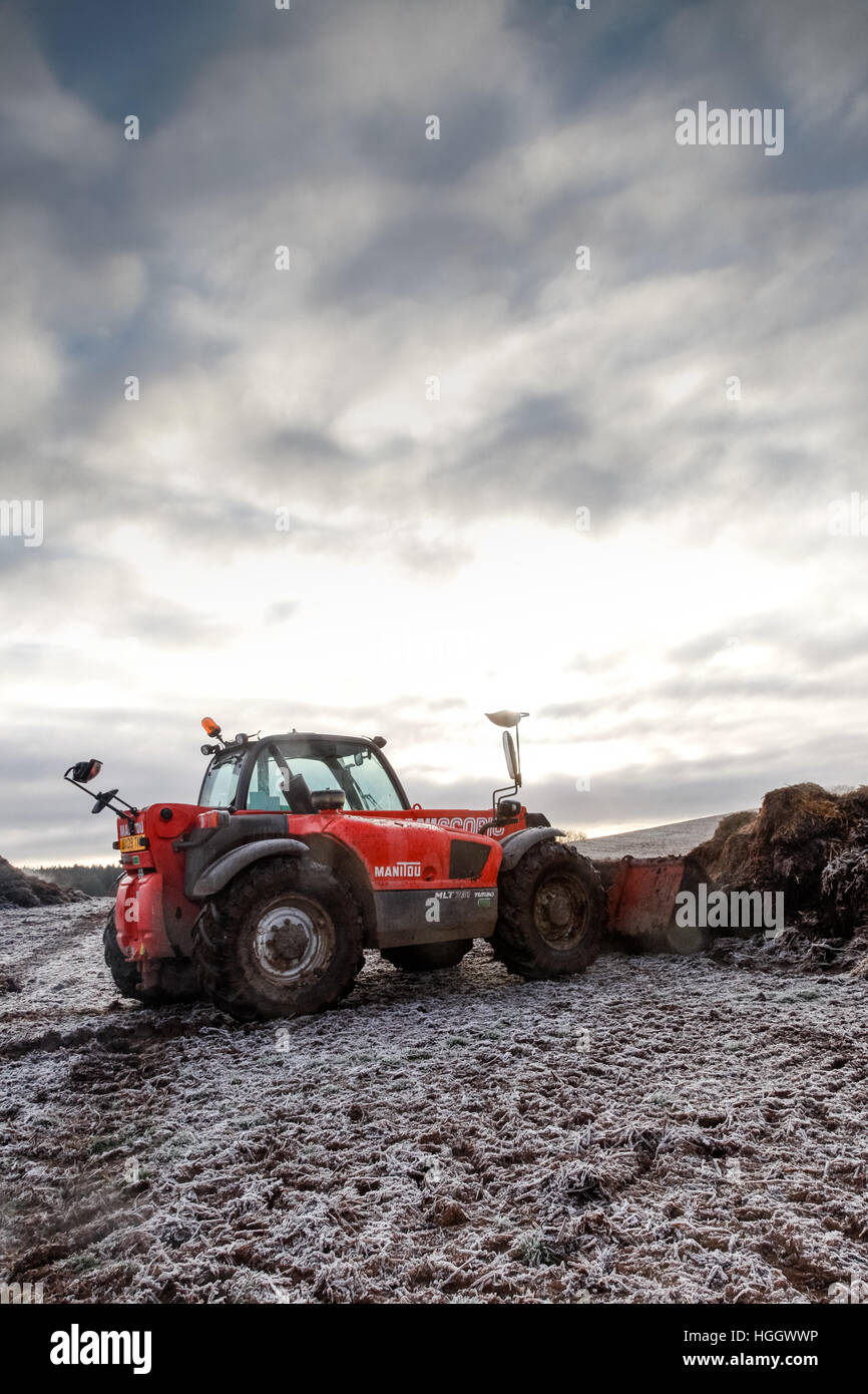 Ein roter Hof Fahrzeug Muck Verbreitung an einem kalten Wintertag Stockfoto