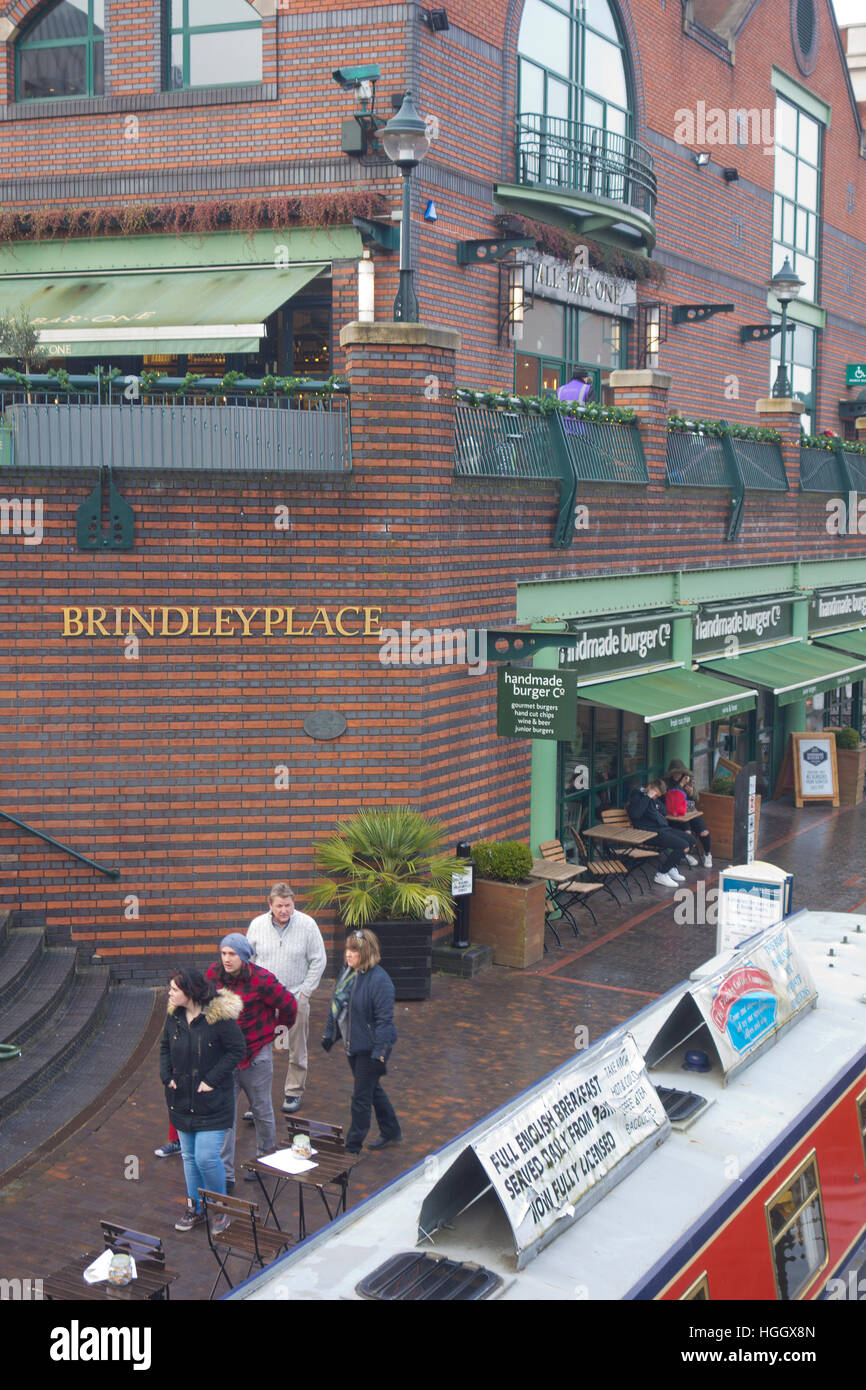 Birmingham Canal an Brindley Place, Birmingham, West Midlands, England, Großbritannien Stockfoto