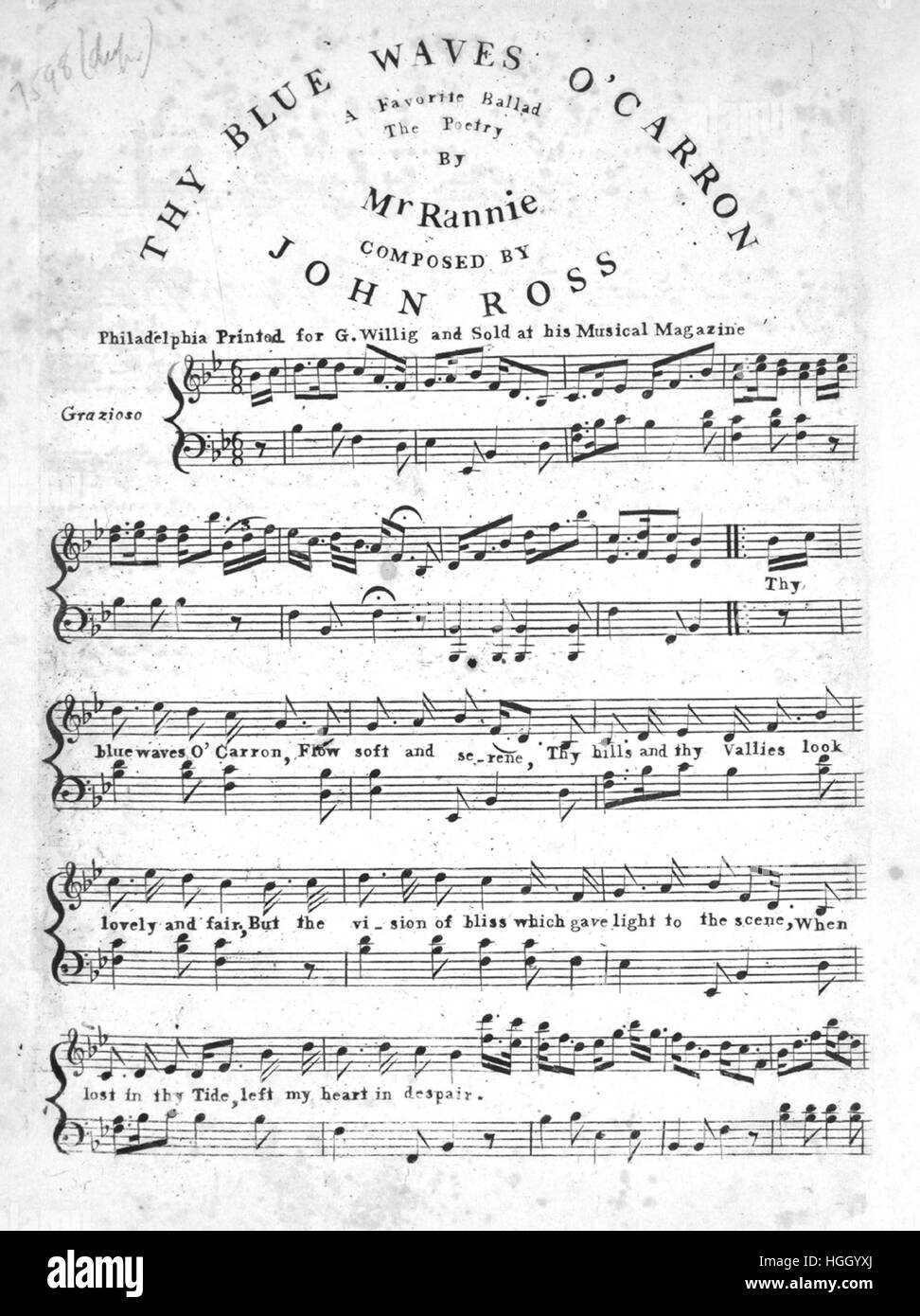 Titelbild der Noten des Liedes "Thy blauen Wellen O'Carron A Lieblings Ballade", mit ursprünglichen Autorschaft Noten lesen "The Poetry von Herrn Rannie komponiert von John Ross", USA, 1900. Der Verlag als "G. Willig" aufgeführt ist, die Form der Komposition ist "strophischen", die Instrumentierung ist "Klavier und Stimme", die erste Linie liest "deine blauen Wellen O'Carron, fließen weich und ruhig" und der Abbildung Künstler als 'None' aufgeführt. Stockfoto