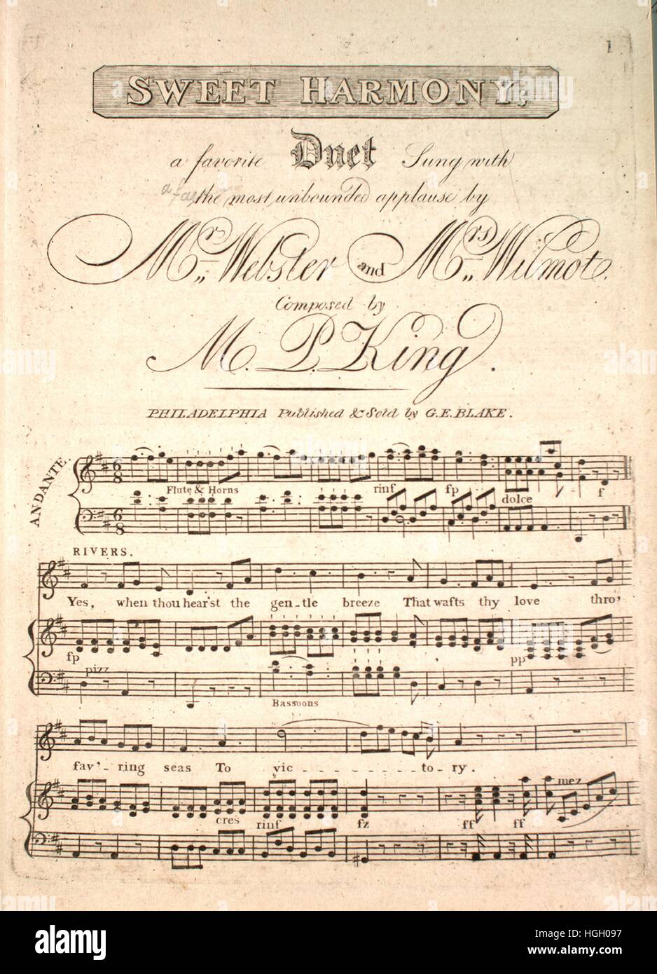 Noten-Cover-Bild von den Song "Sweet Harmony A Lieblings Duet", mit ursprünglichen Autorschaft Noten lesen "Komponiert von MP-King", USA, 1900. Der Verlag als "G.e. Blake" aufgeführt ist, die Form der Komposition ist "Schnitt", die Instrumentierung ist "Klavier und Stimme", liest die erste Zeile "Ja, wenn du hear'st die sanfte Brise, die deine Liebe Thro fav'ring Meere zum Sieg weht", und der Abbildung Künstler wird als 'None' aufgeführt. Stockfoto