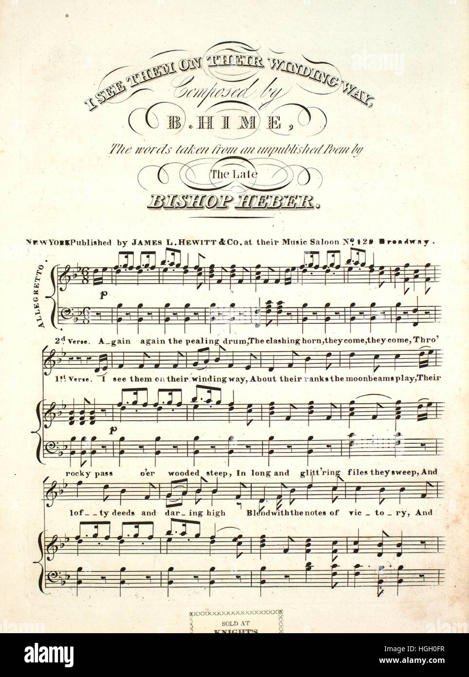 Sheet Music cover Bild des Liedes "Ich sehe sie wickeln unterwegs", mit ursprünglichen Autorschaft Noten lesen "Komponiert von B Hime die Wörter genommen aus eine unveröffentlichte Gedicht von dem verstorbenen Bischof Heber", USA, 1900. Der Verlag als "James L. Hewitt &amp; Co., Nr. 129 Broadway" aufgeführt ist, die Form der Komposition ist "strophische mit Chor", die Instrumentierung ist "Klavier und Stimme", die erste Linie liest "Ich sehe sie auf dem gewundenen Weg, um ihre eigenen Reihen der Mondstrahlen spielen" und der Abbildung Künstler wird als 'None' aufgeführt. Stockfoto