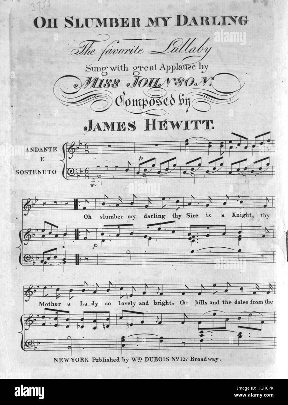 Titelbild der Noten des Liedes "Oh schlummern My Darling The Favorite Wiegenlied", mit ursprünglichen Autorschaft Noten lesen "Komponiert von James Hewitt", USA, 1900. Der Verlag als "Wm. Dubois, Nr. 127 Broadway" aufgeführt ist, die Form der Komposition ist "strophischen", die Instrumentierung ist "Klavier und Stimme", liest die erste Zeile "Oh mein Schatz schlummern dein Vater ist ein Ritter", und der Abbildung Künstler wird als 'None' aufgeführt. Stockfoto