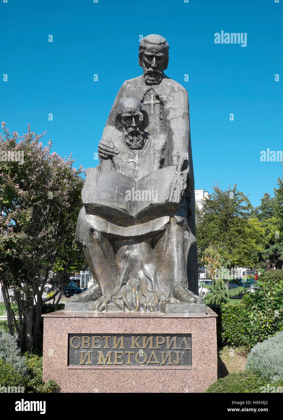 Denkmal von Cyril und Methodius, Erfinder des kyrillischen Alphabets, Ohrid, Mazedonien Stockfoto