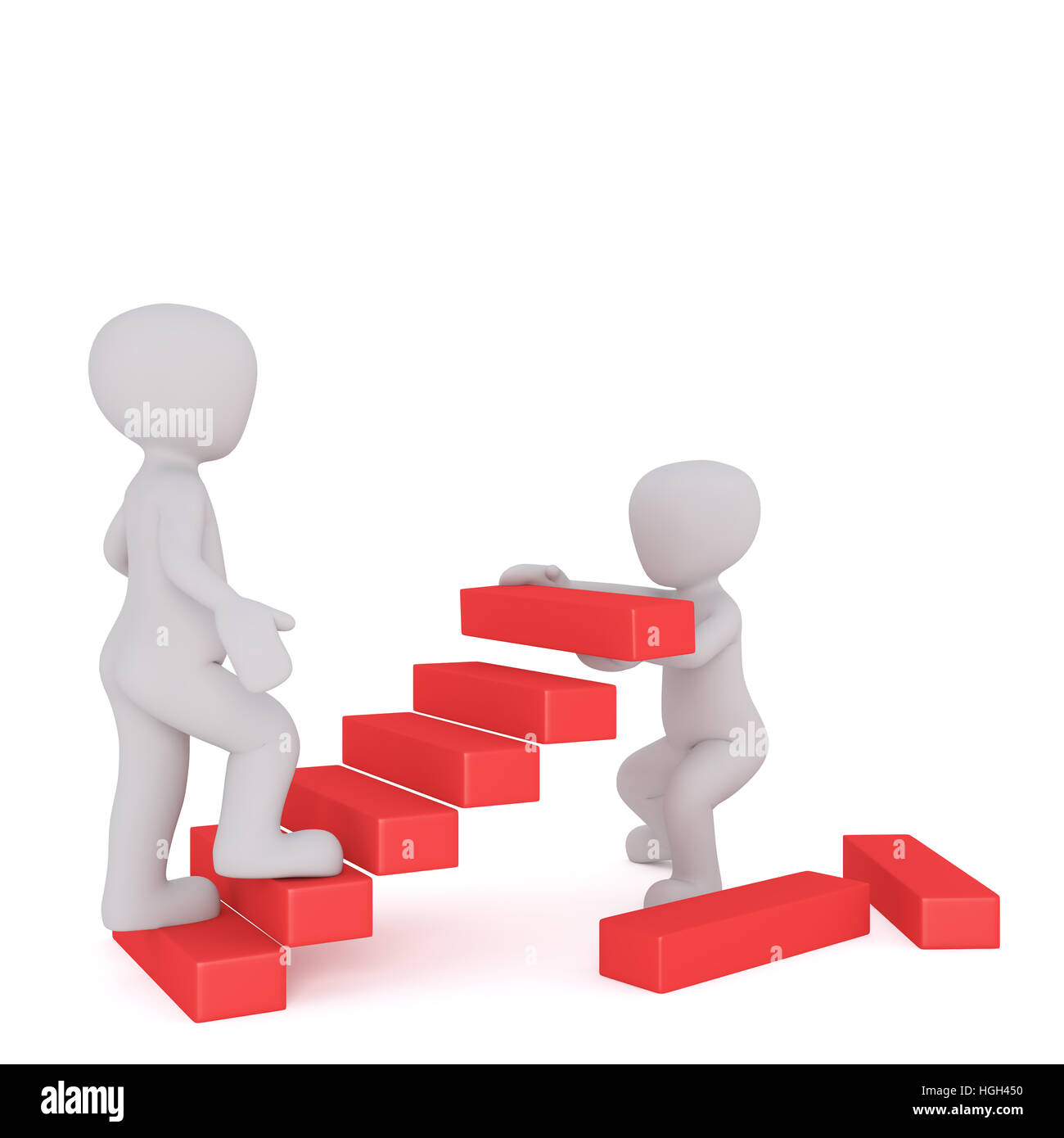 Gesichtslose Cartoon Mann Schritt Treppe hinauf, während andere eine Treppe installiert, 3D-Render isolierten auf weißer Hintergrund Stockfoto