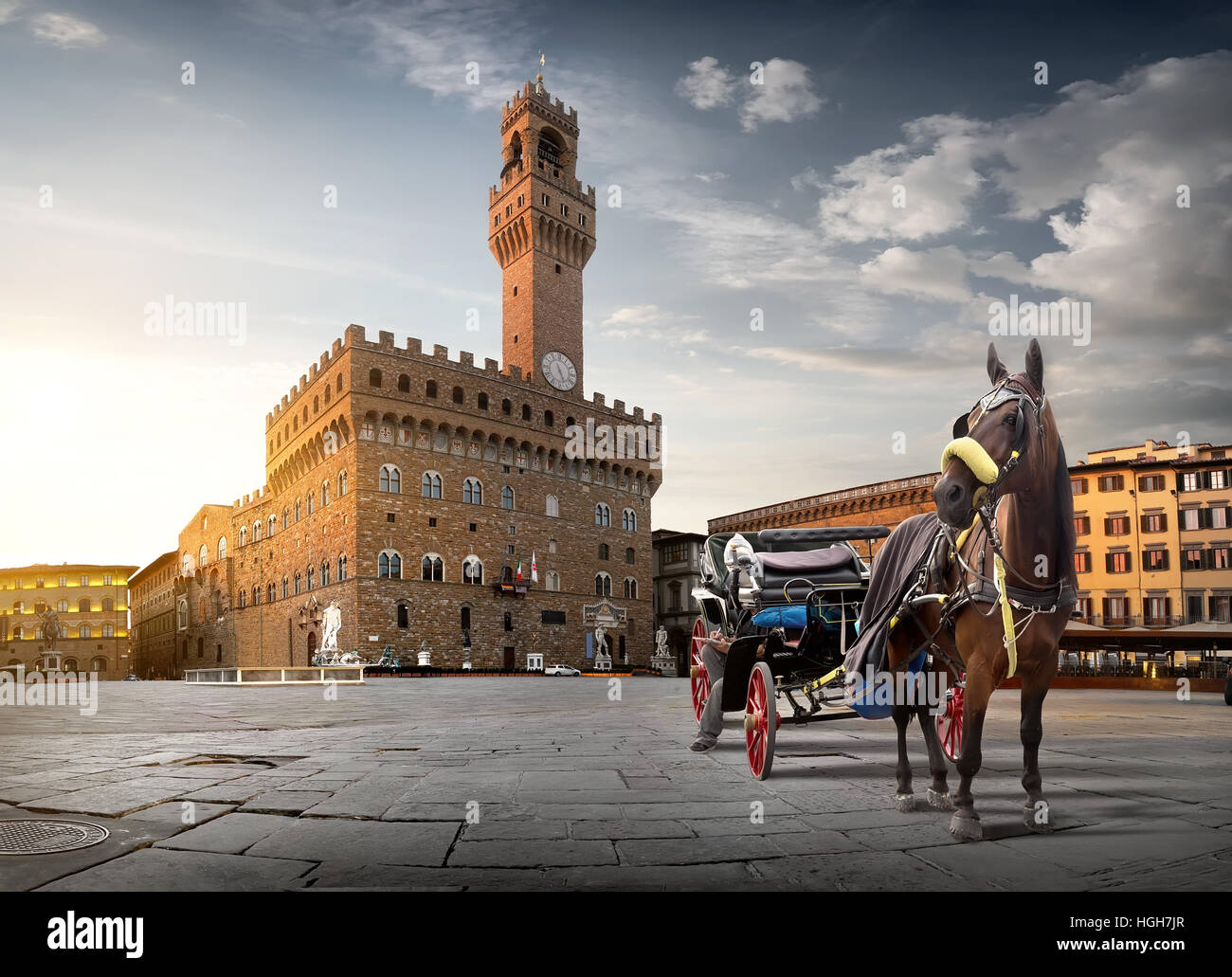 Pferd auf der Piazza della Signoria in Florenz in der Morgendämmerung, Italien Stockfoto