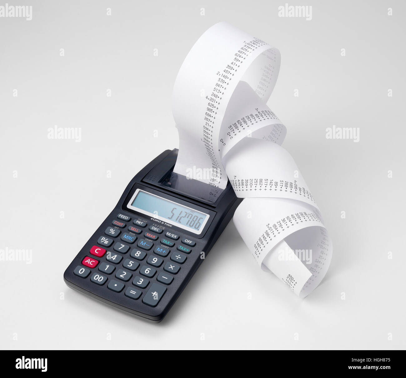 Taschenrechner mit Roll Band Maschine hinzufügen Stockfoto