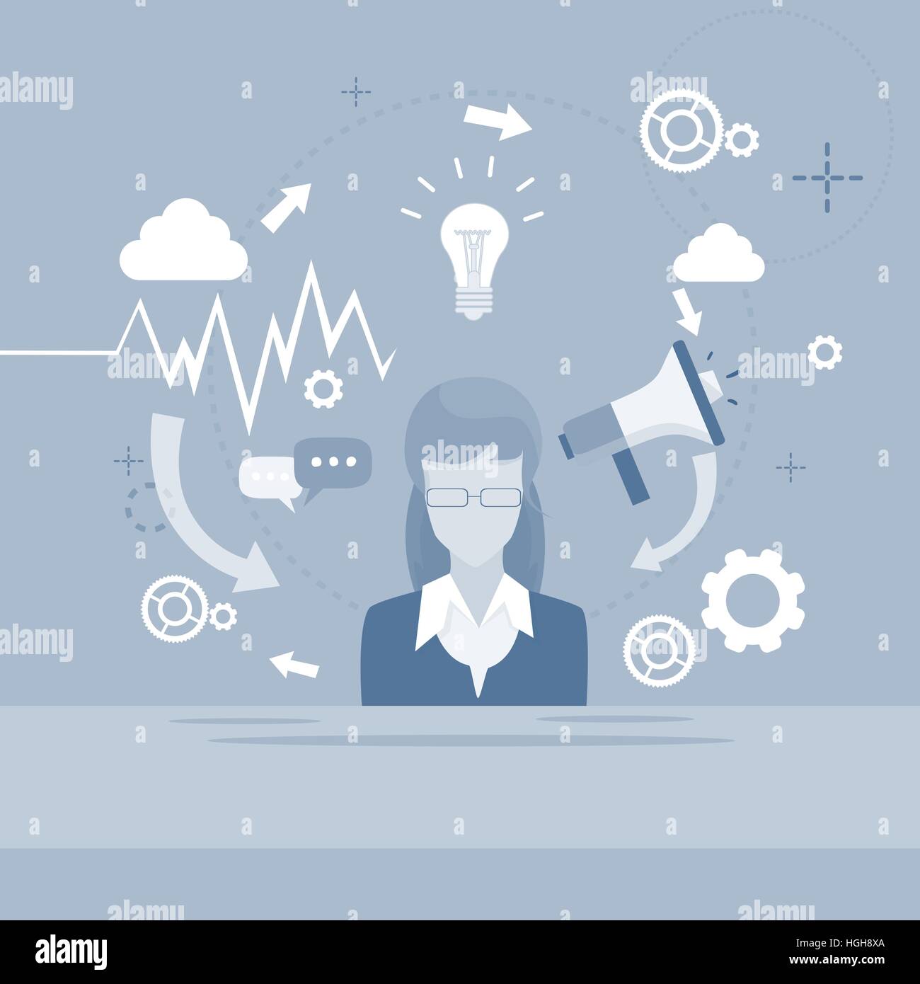 Geschäftsfrau Megaphon digitales Marketing Business Frau Lautsprecher Stock Vektor