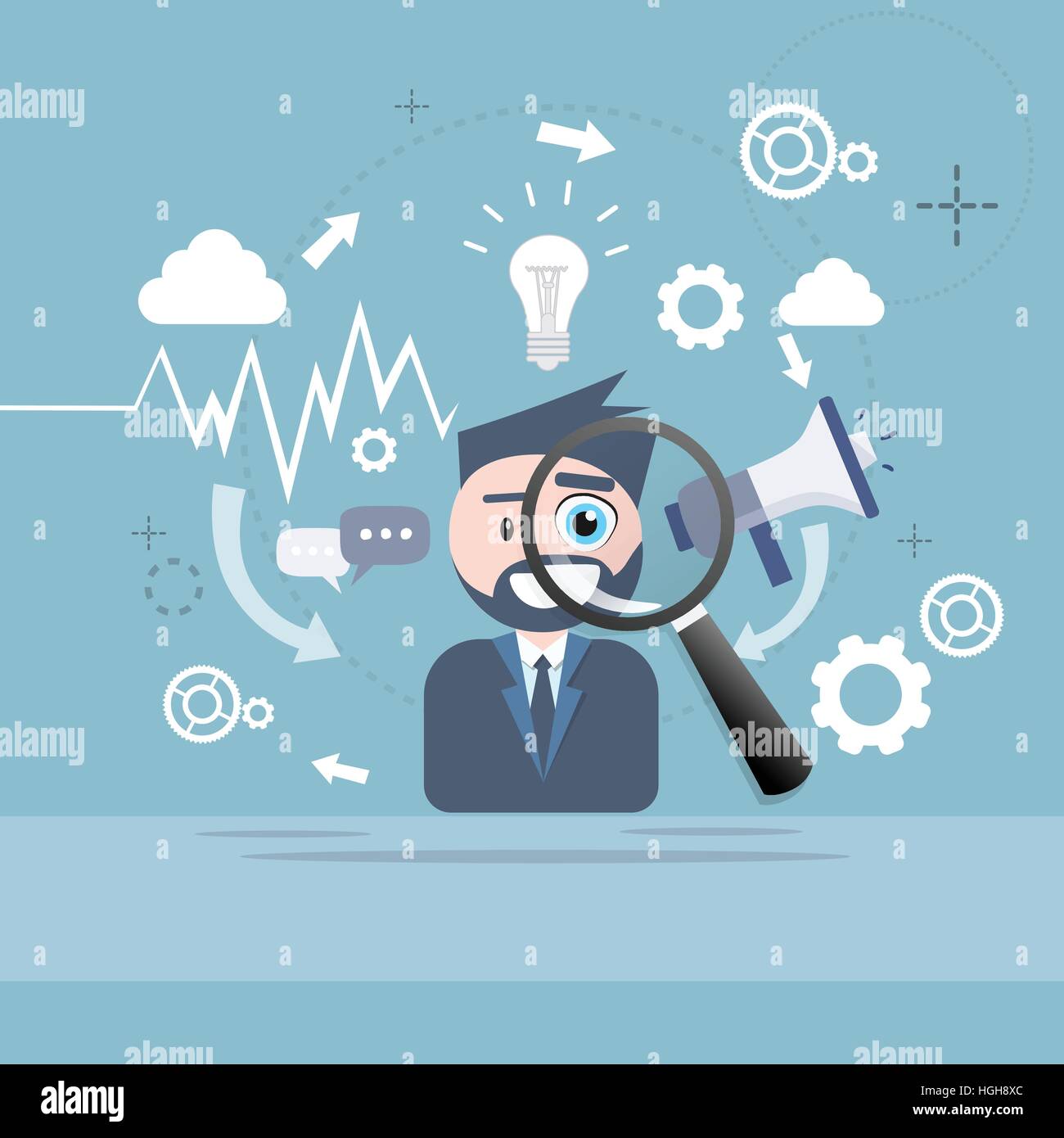 Geschäftsmann Hand halten Lupe Analyse Megaphon digitales Marketing Stock Vektor