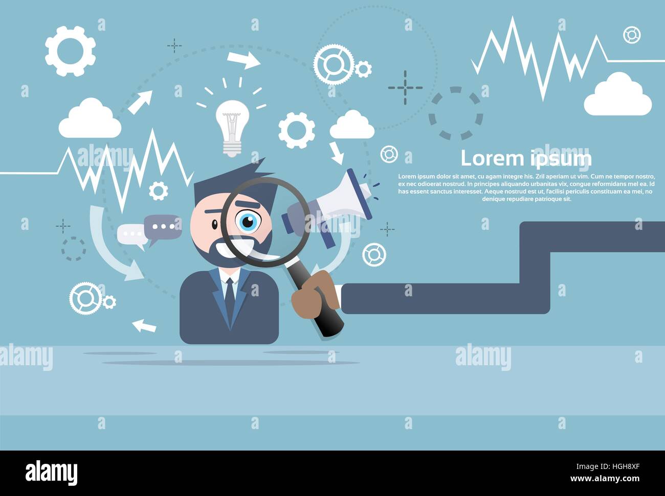 Geschäftsmann Hand halten Lupe Analyse Megaphon digitales Marketing Stock Vektor