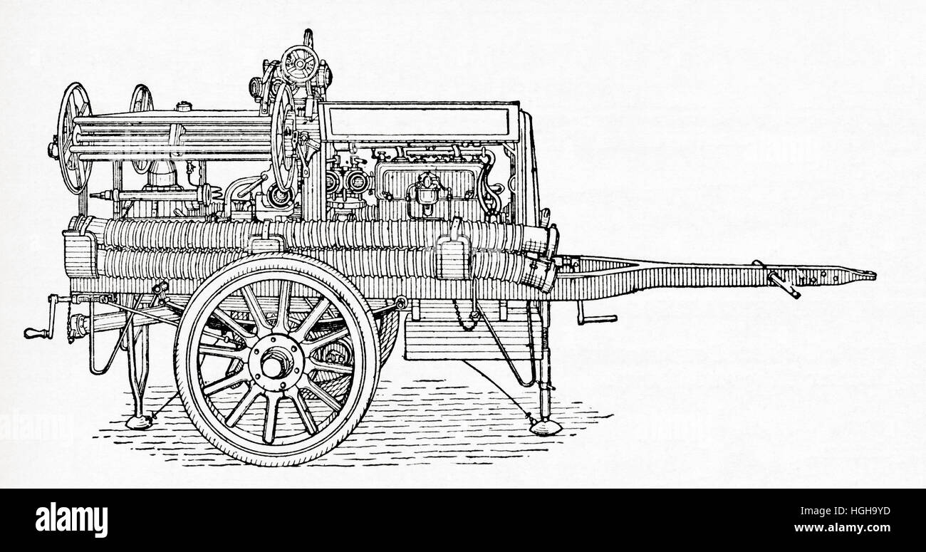19. Jahrhundert hand gezeichneten zwei Rädern Feuer Spritze oder frühen Feuerwehrauto, mit einer Kapazität bis 40 Liter Wasser fassen.  Aus Meyers Lexikon veröffentlicht 1924. Stockfoto