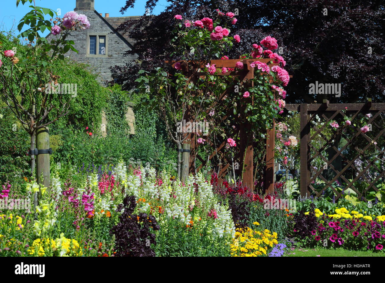 Sommer Blumen Grenze zeigt geschichteten Höhen mit Ringelblumen, Löwenmäulchen (Antirrhinums) und Rosen in einem englischen Garten Stockfoto