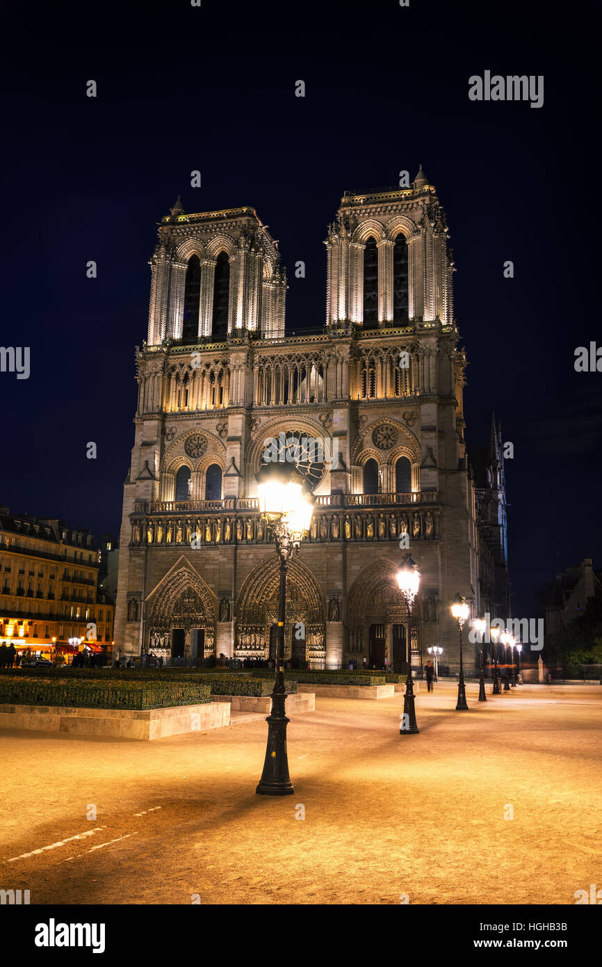 Kathedrale Notre Dame de Paris bei Nacht Stockfoto