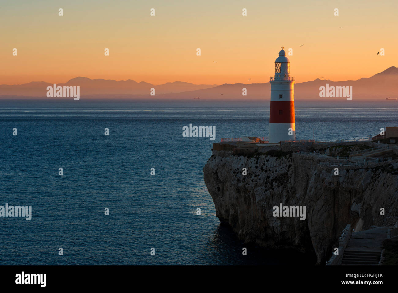 Gibraltar-Leuchtturm bei Sonnenuntergang Stockfoto