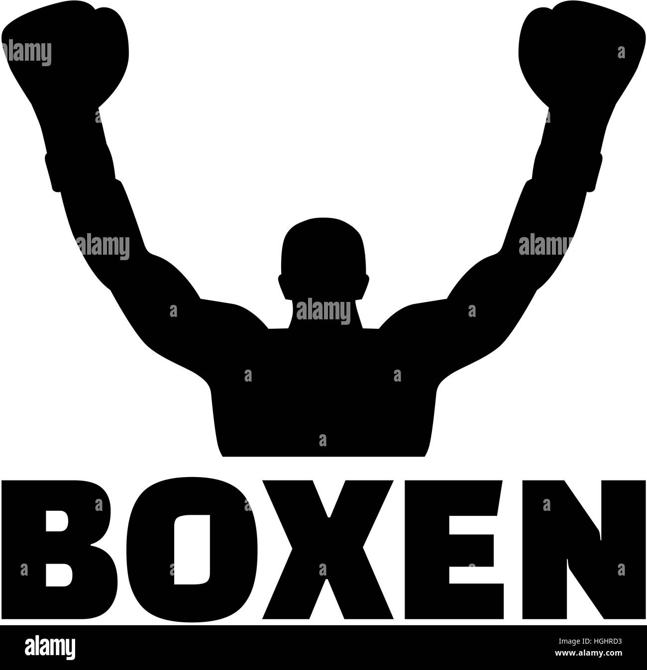 Boxer gewinnen Silhouette mit deutschen Wort Stockfoto