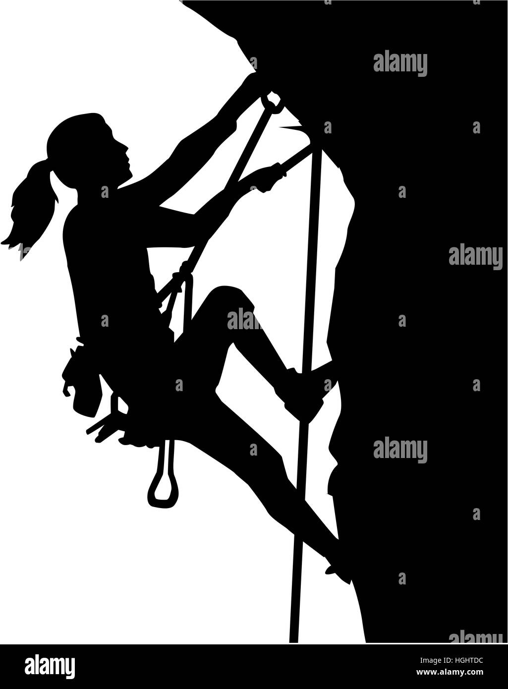 Weibliche Kletterer Silhouette in Seilen ein Felsen Stockfoto