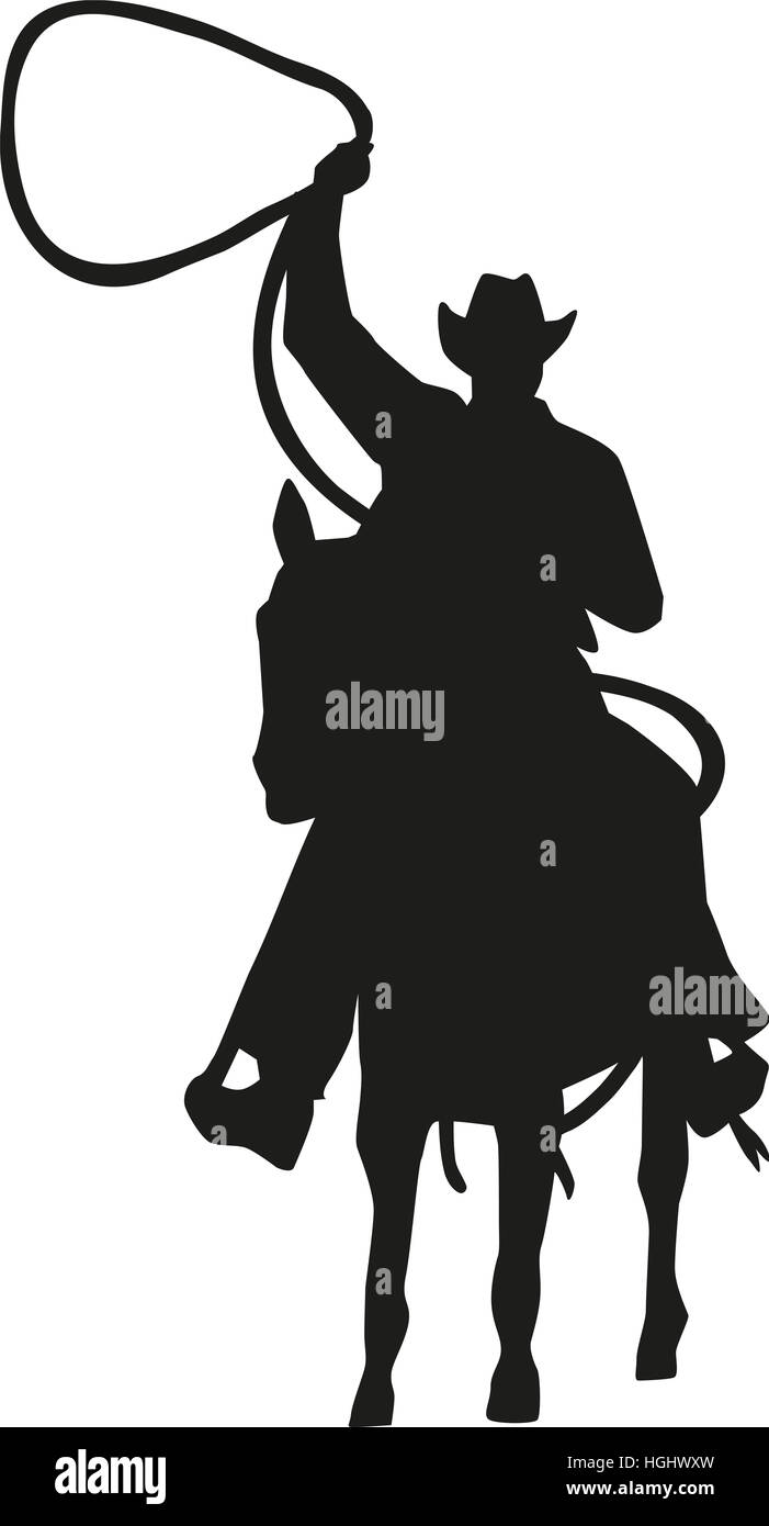 Cowboy mit Lasso auf Pferd silhouette Stockfoto