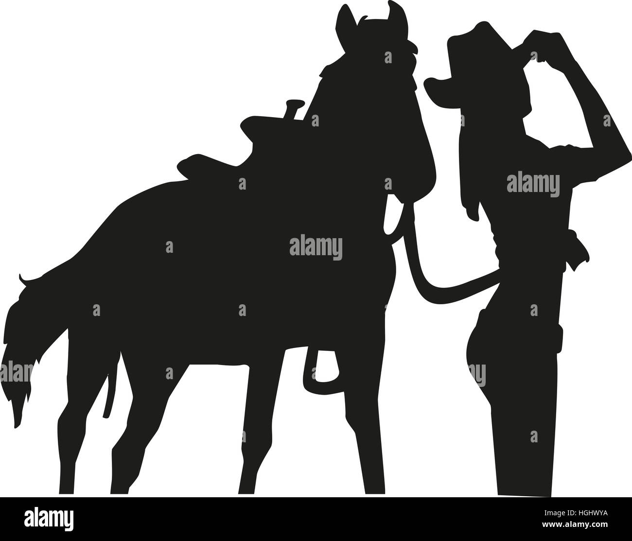 Cowgirl mit Pferd silhouette Stockfoto